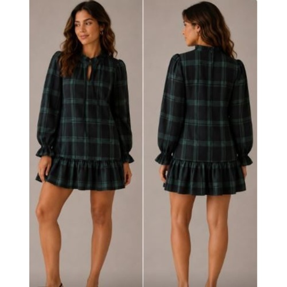 J.Crew Plaid Ruffle Dress Large Green Black Watch Tartan Academia Preppy Holiday